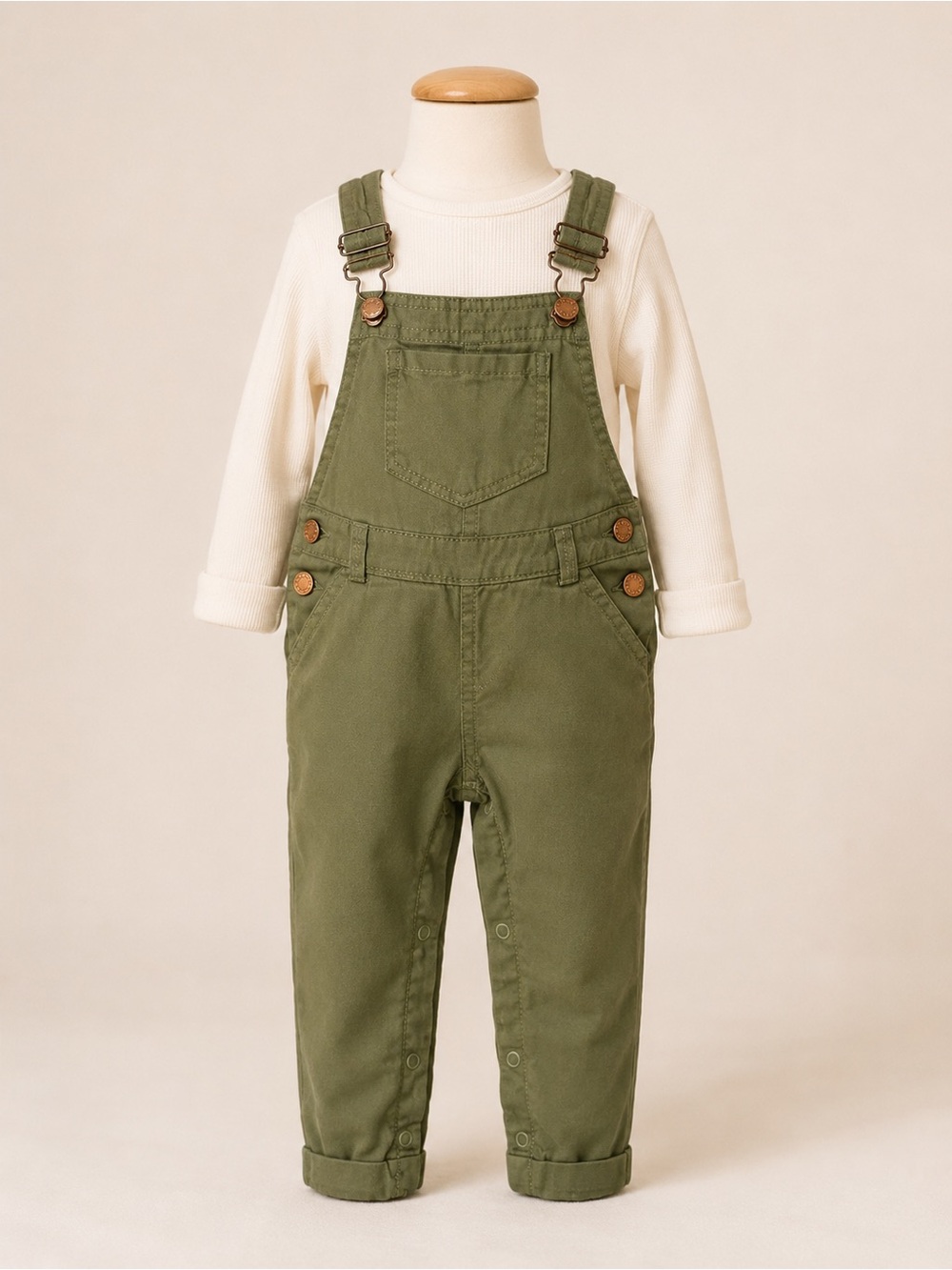 Tahari Girl 24M Olive Green Cotton Overalls Adjustable Straps Snap Crotch